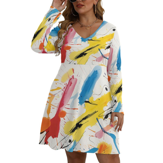 All-Over Print Women's V-neck Long Sleeve Dress(Plus Size)