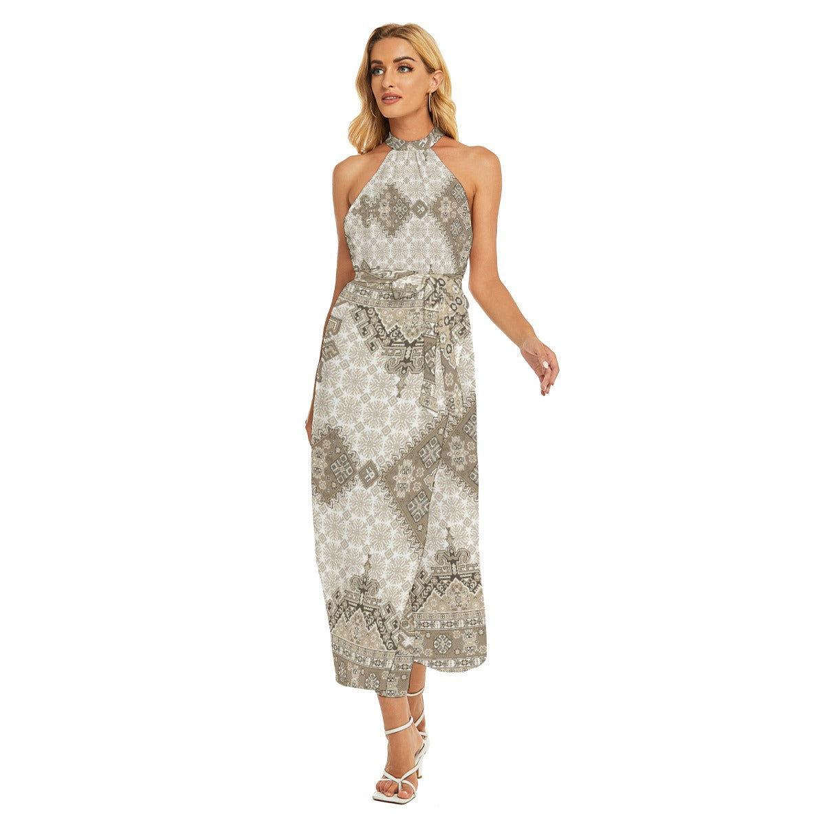 All-Over Print Women's Wrap Hem Belted Halter Dress