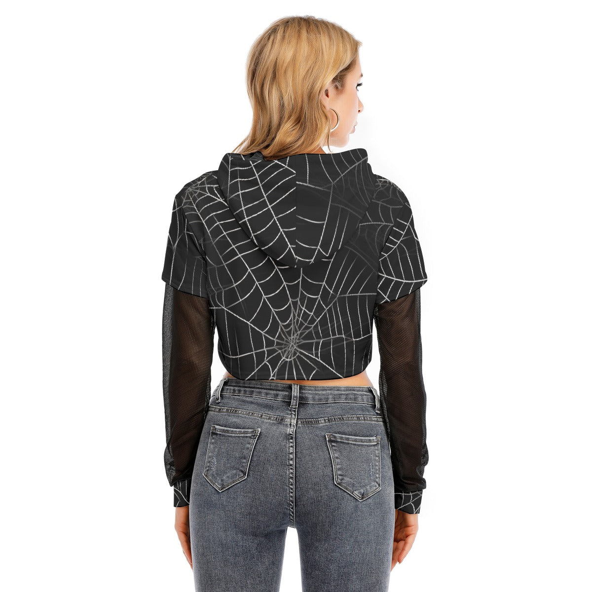 All-Over Print Women's Fake Two-piece Mesh Sleeve Cropped Hoodie