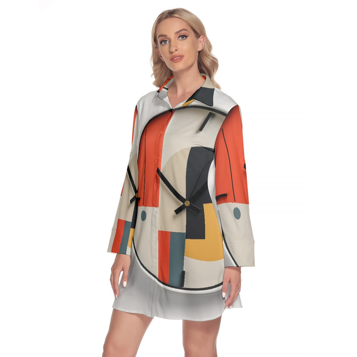 All-Over Print Women's Lapel Shirt Dress With Long Sleeve