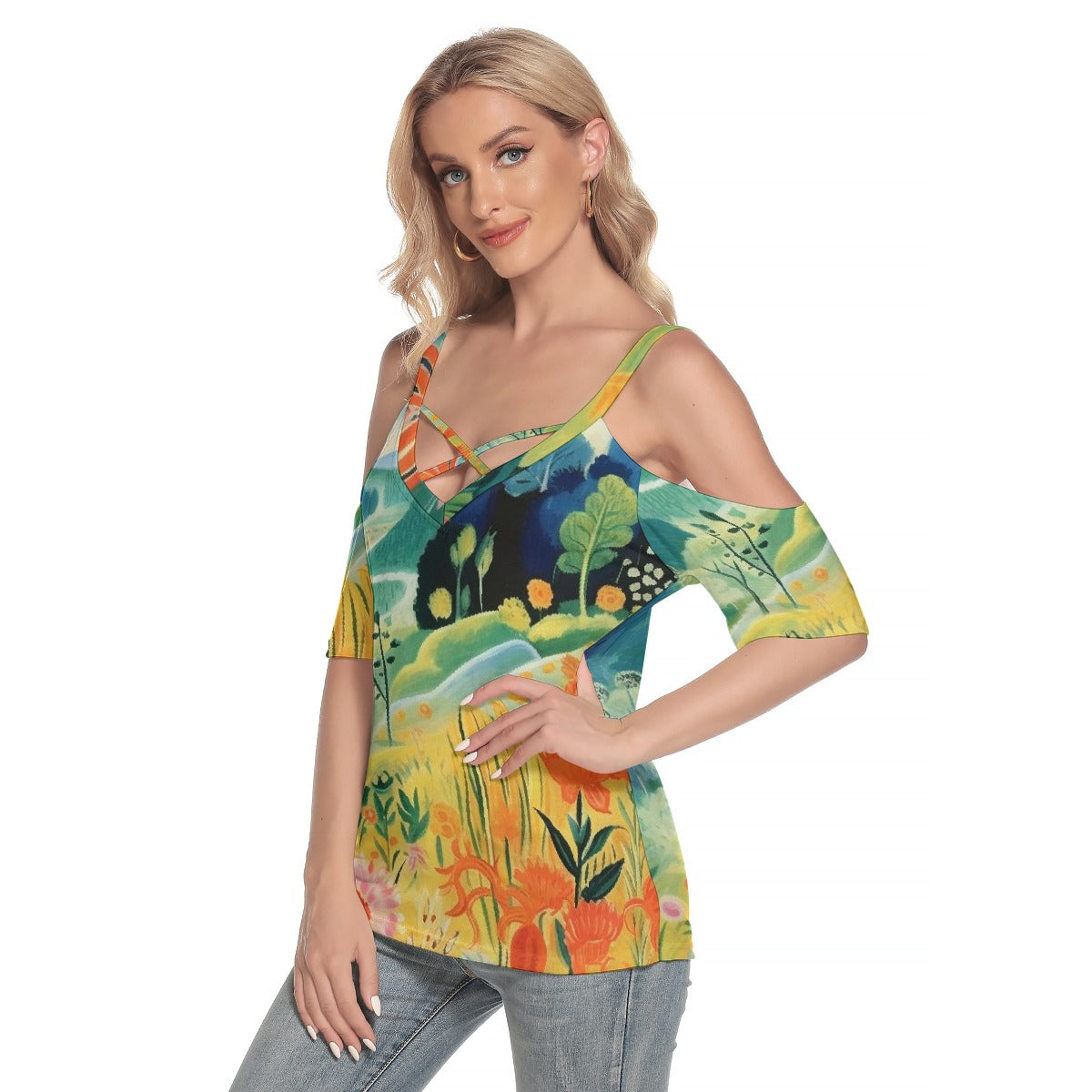 All-Over Print Women's Cold Shoulder T-shirt With Criss Cross Strips