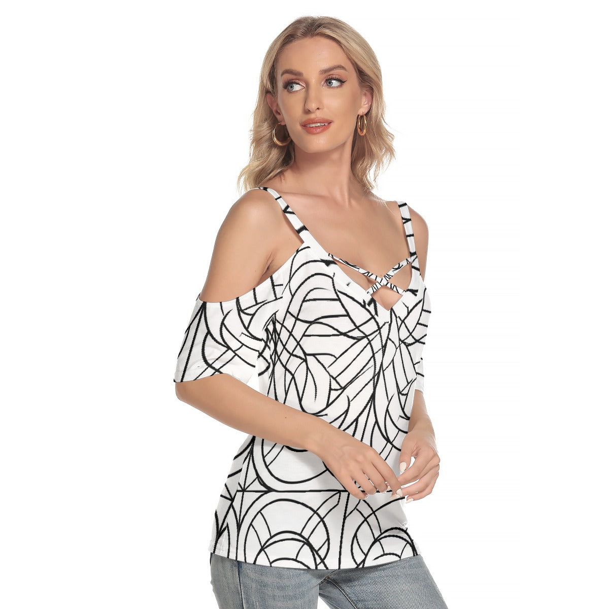 All-Over Print Women's Cold Shoulder T-shirt With Criss Cross Strips