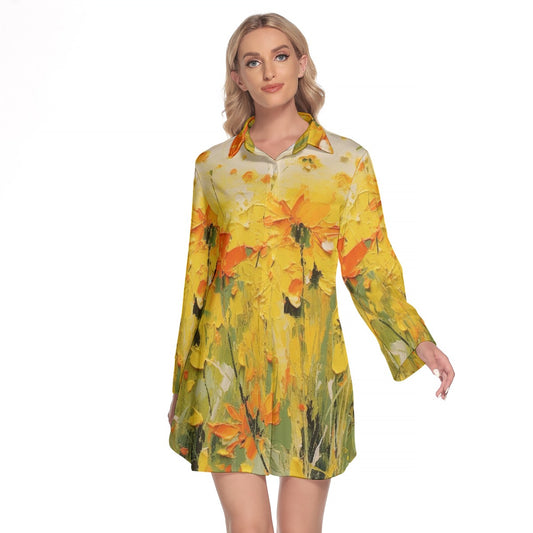 All-Over Print Women's Lapel Shirt Dress With Long Sleeve