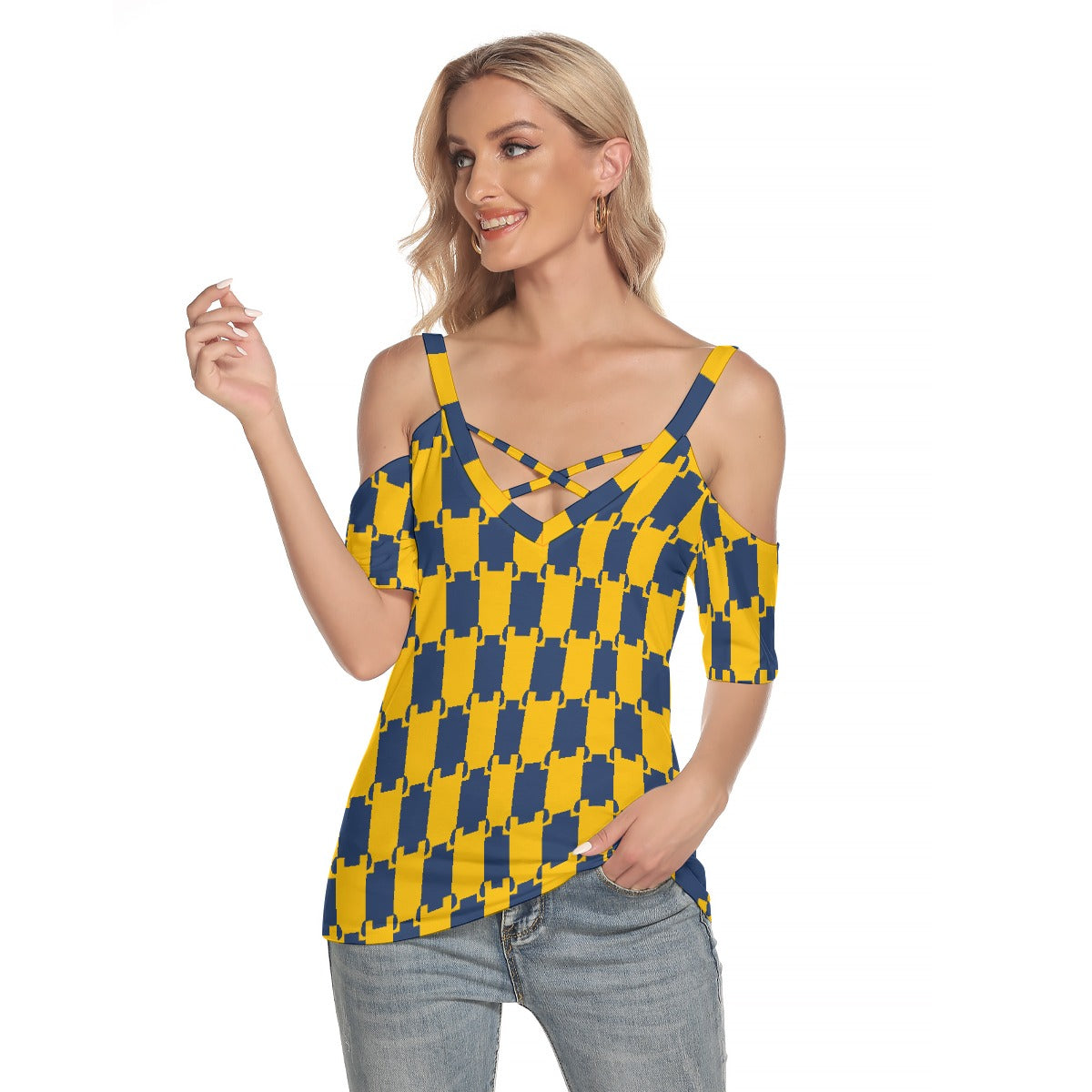 All-Over Print Women's Cold Shoulder T-shirt With Criss Cross Strips