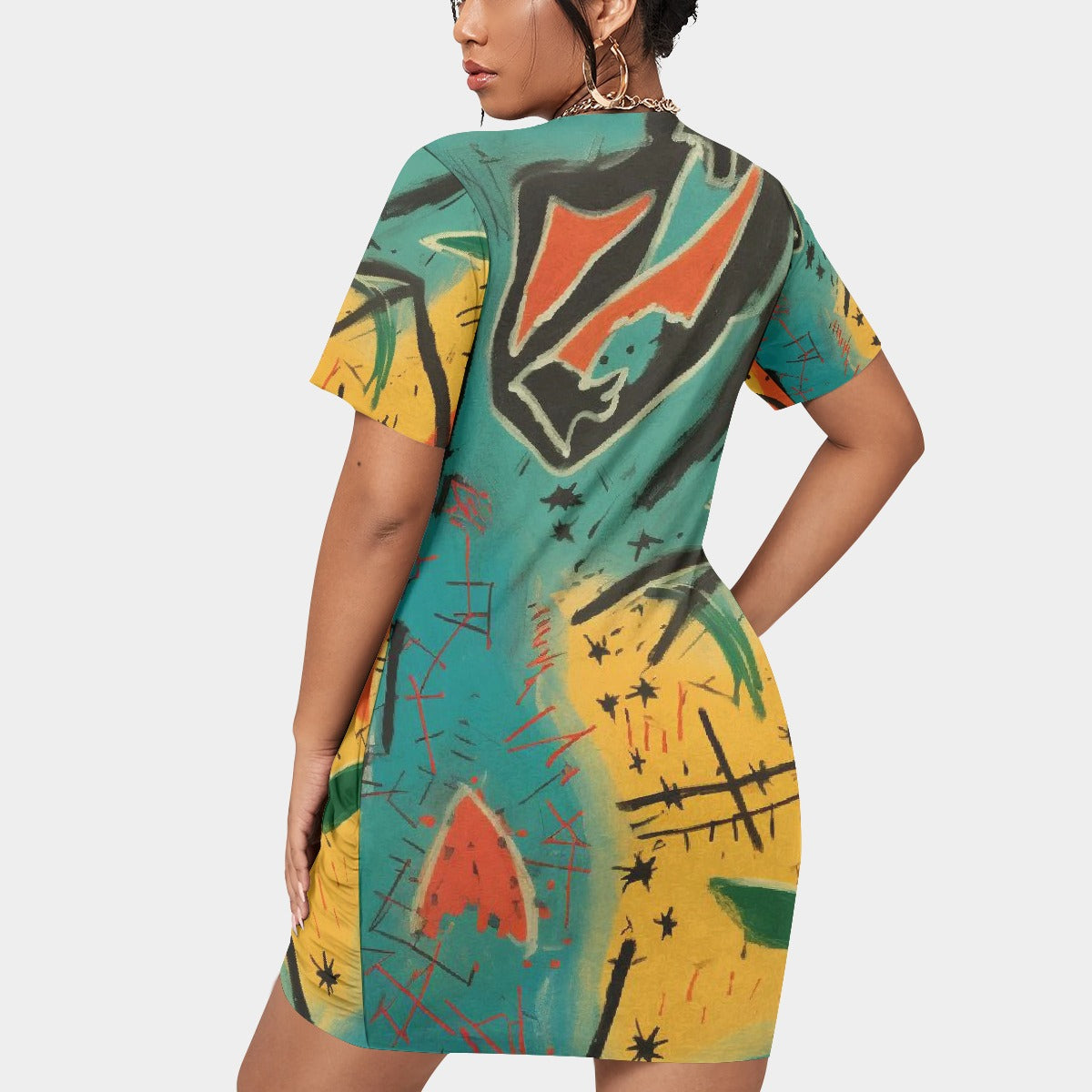 All-Over Print Women’s Stacked Hem Dress With Short Sleeve（Plus Size）