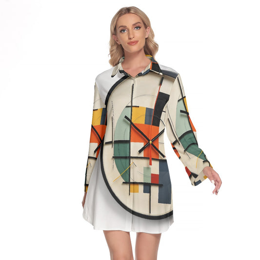 All-Over Print Women's Lapel Shirt Dress With Long Sleeve