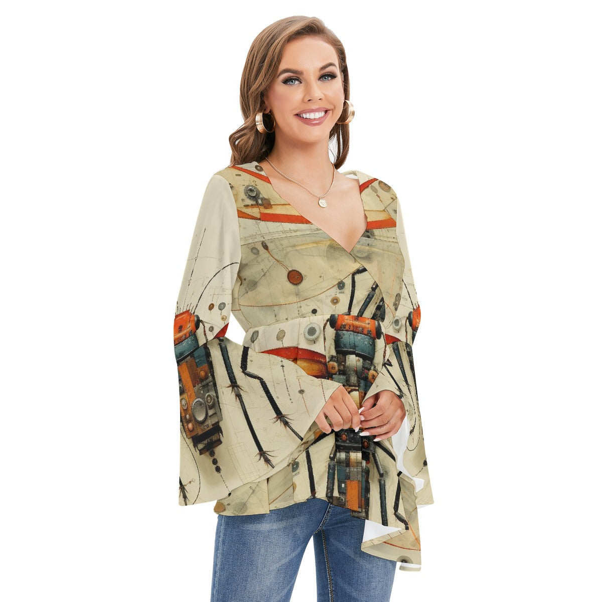 All-Over Print Women's V-neck Blouse With Flared Sleeves