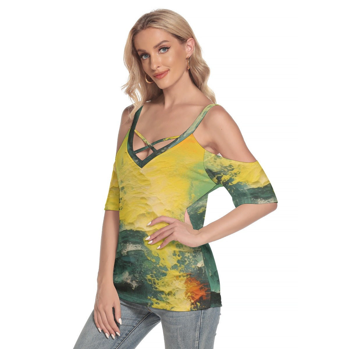 All-Over Print Women's Cold Shoulder T-shirt With Criss Cross Strips