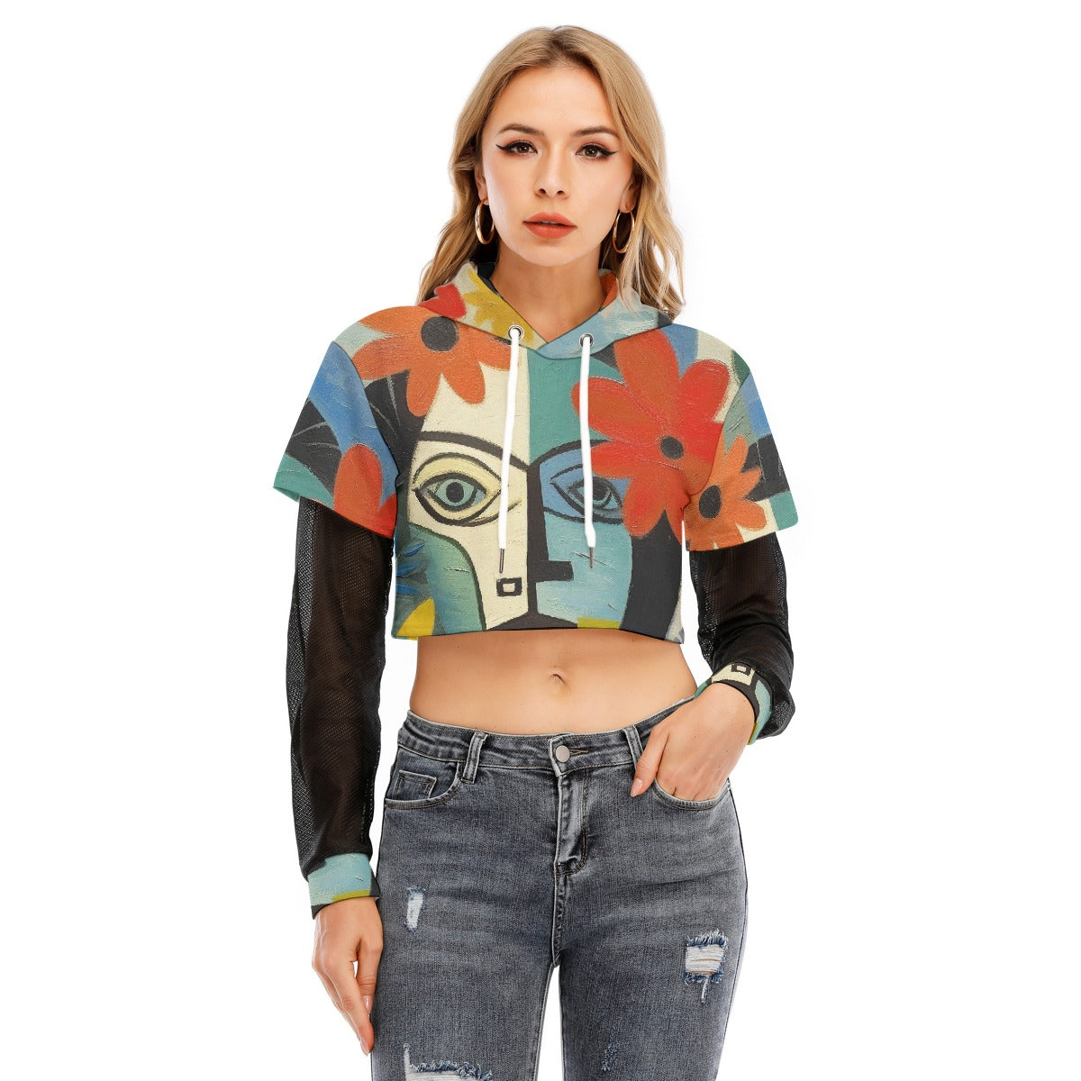 All-Over Print Women's Fake Two-piece Mesh Sleeve Cropped Hoodie