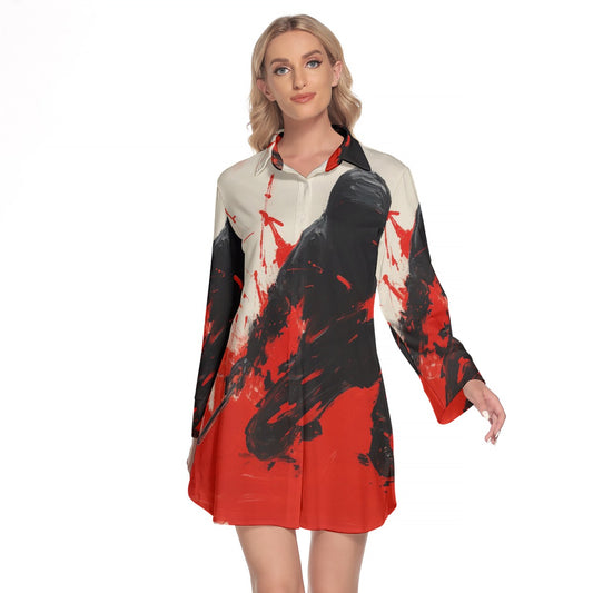 All-Over Print Women's Lapel Shirt Dress With Long Sleeve