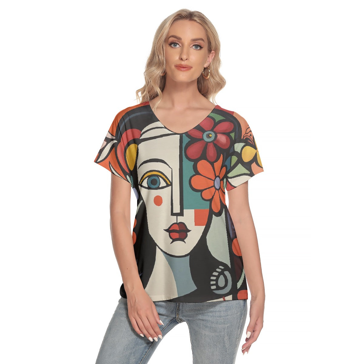 All-Over Print Women's Loose V-neck Short Sleeve T-shirt