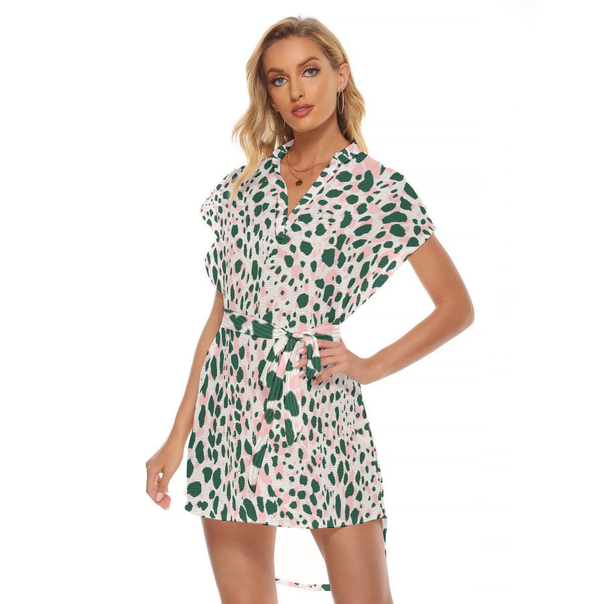 All-Over Print Women's Stand-up Collar Casual Dress With Belt