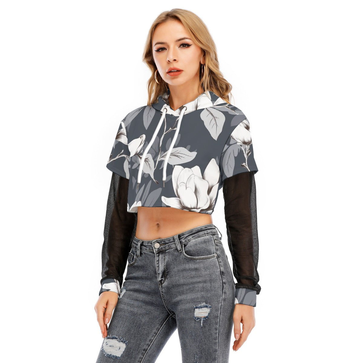 All-Over Print Women's Fake Two-piece Mesh Sleeve Cropped Hoodie