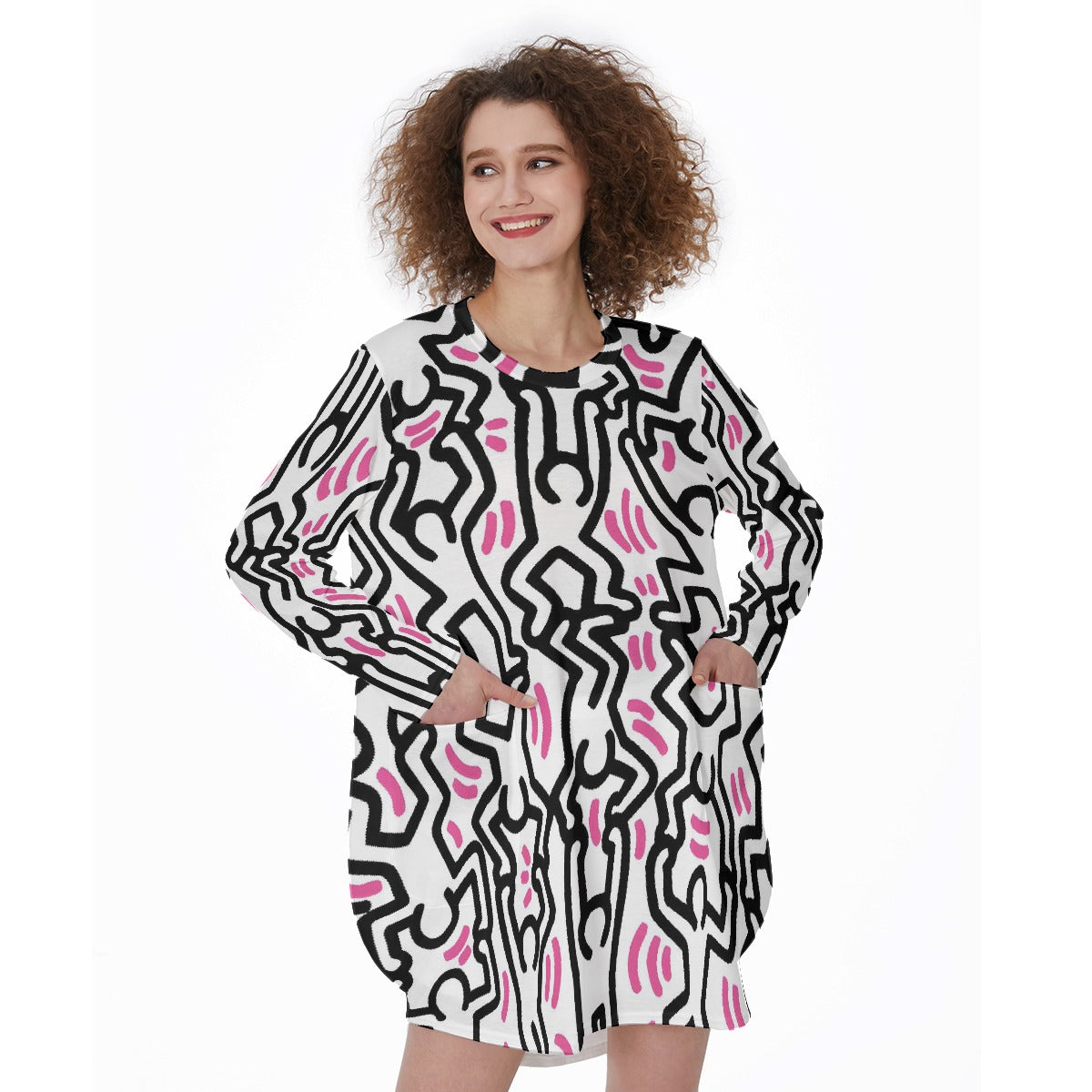 All-Over Print Women's Casual Loose Long Sleeve Dress With Pocket