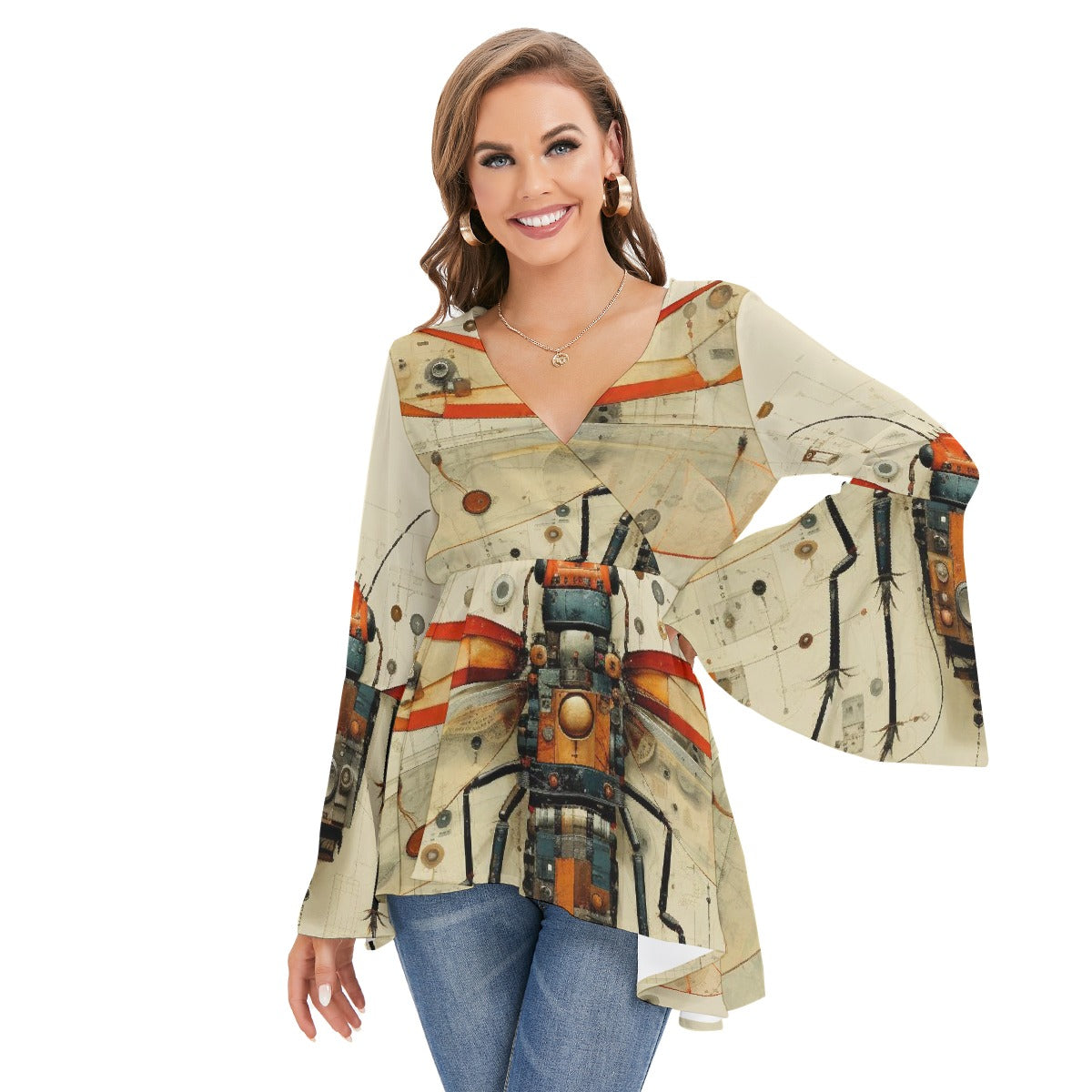 All-Over Print Women's V-neck Blouse With Flared Sleeves