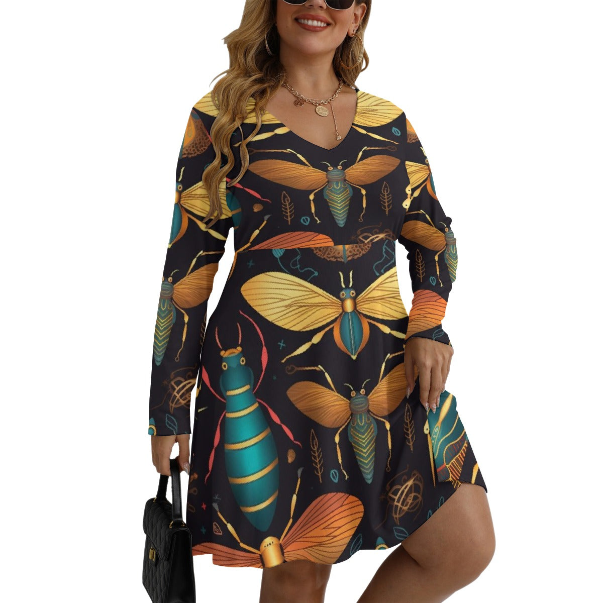 All-Over Print Women's V-neck Long Sleeve Dress(Plus Size)