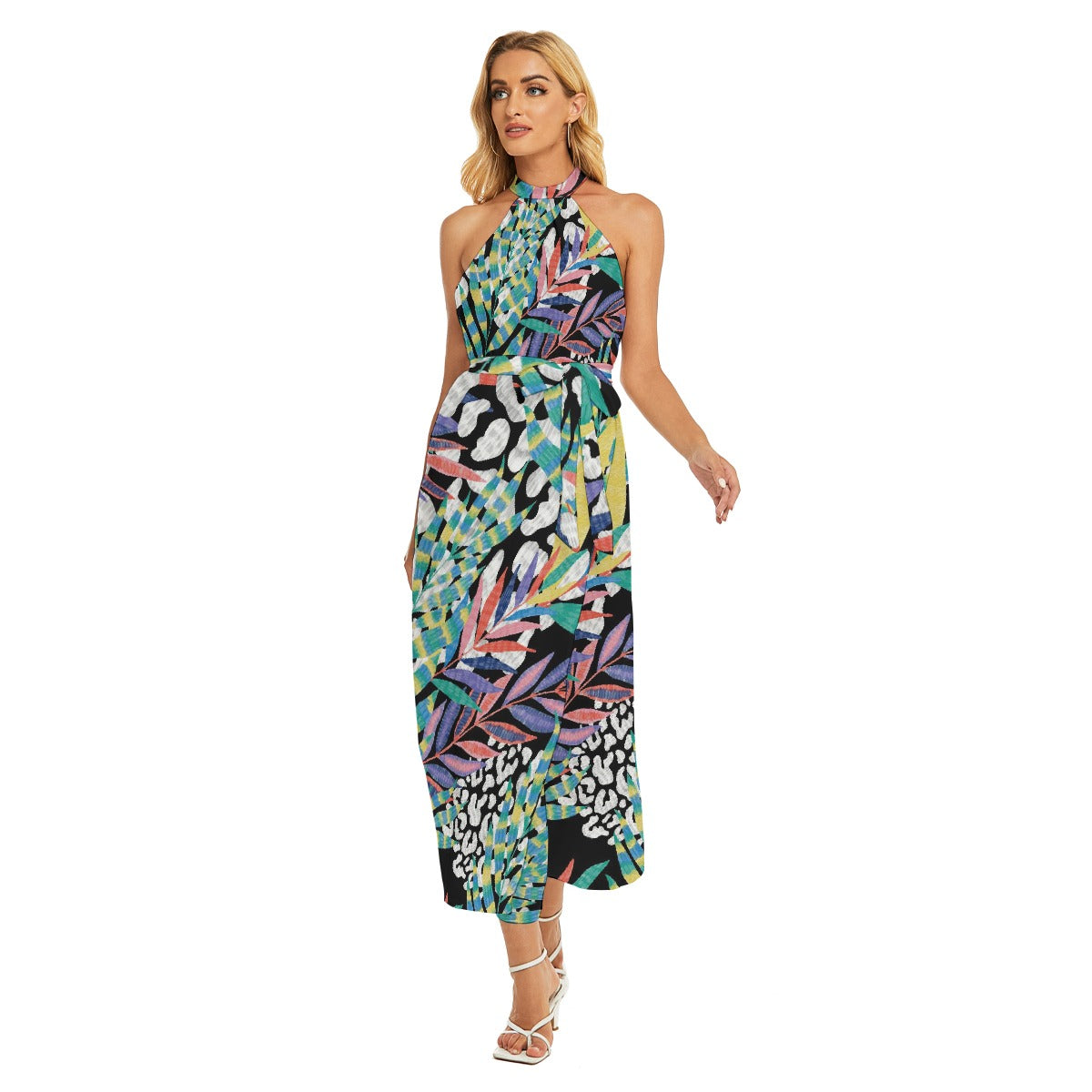 All-Over Print Women's Wrap Hem Belted Halter Dress