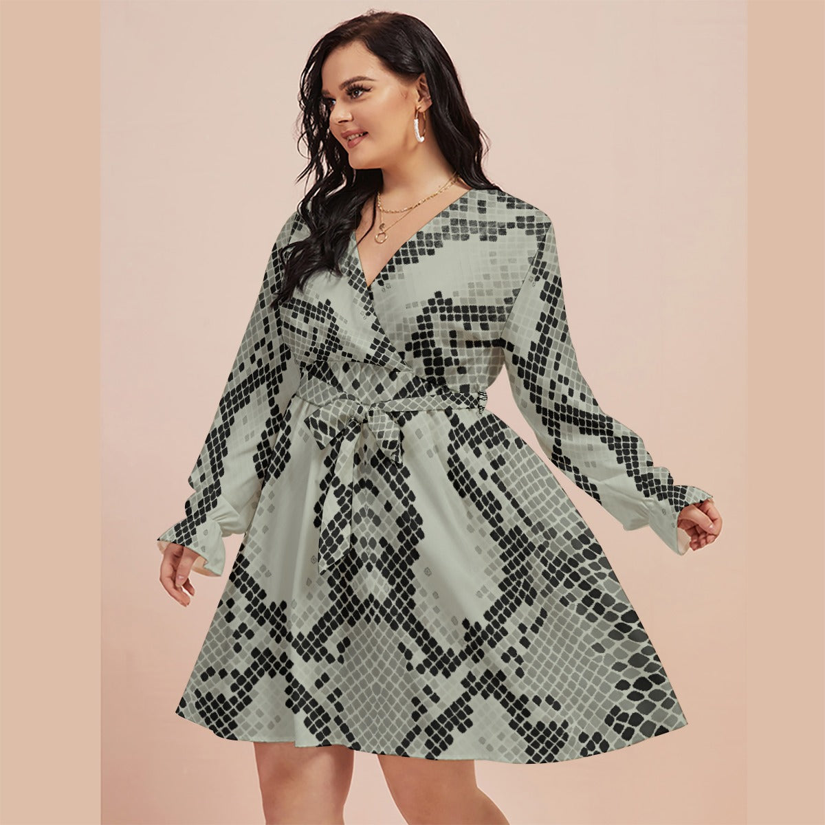 All-Over Print Women's V-neck Dress With Waistband(Plus Size)