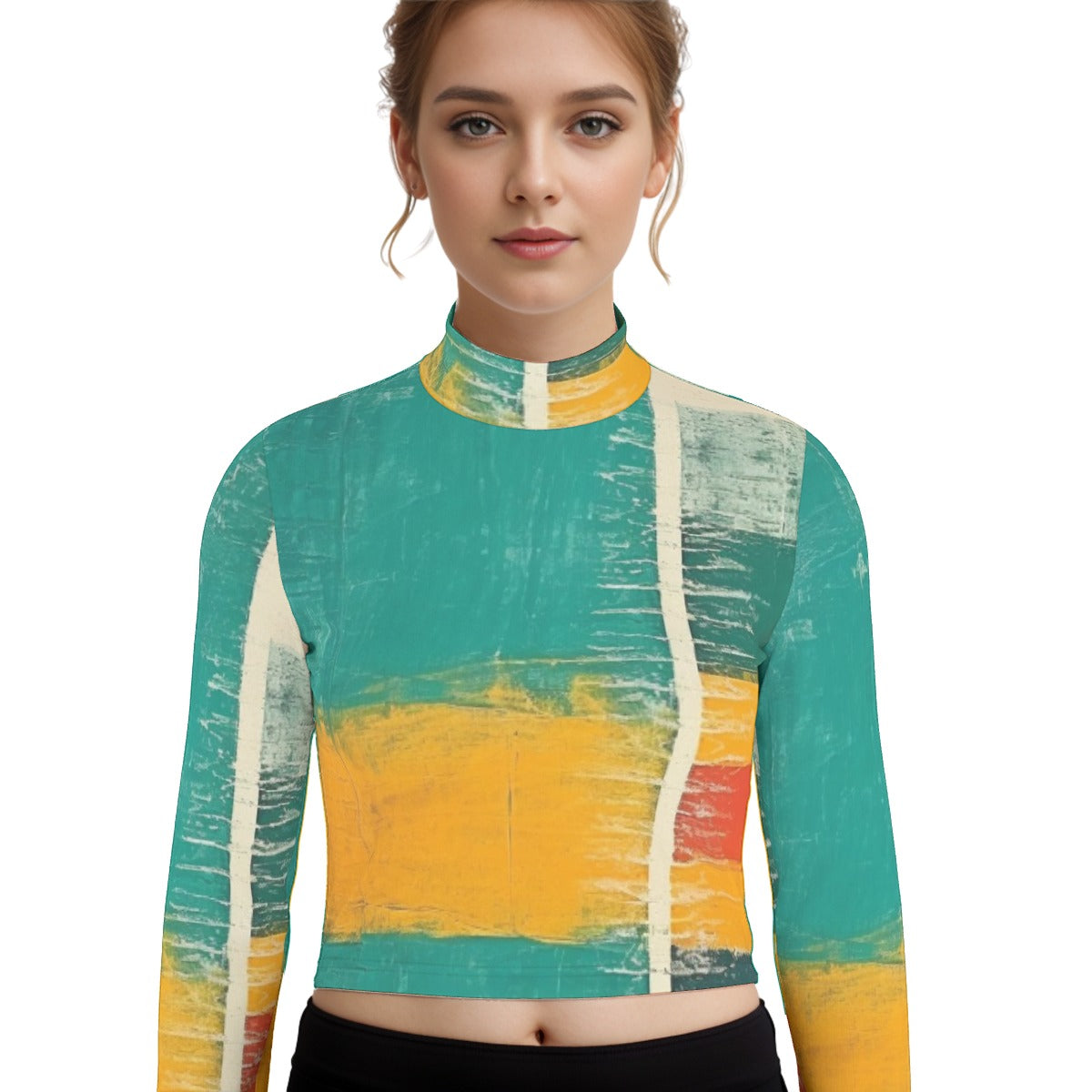 Eco-Friendly All-Over Print Women's Turtleneck T-shirt With Long Sleeve