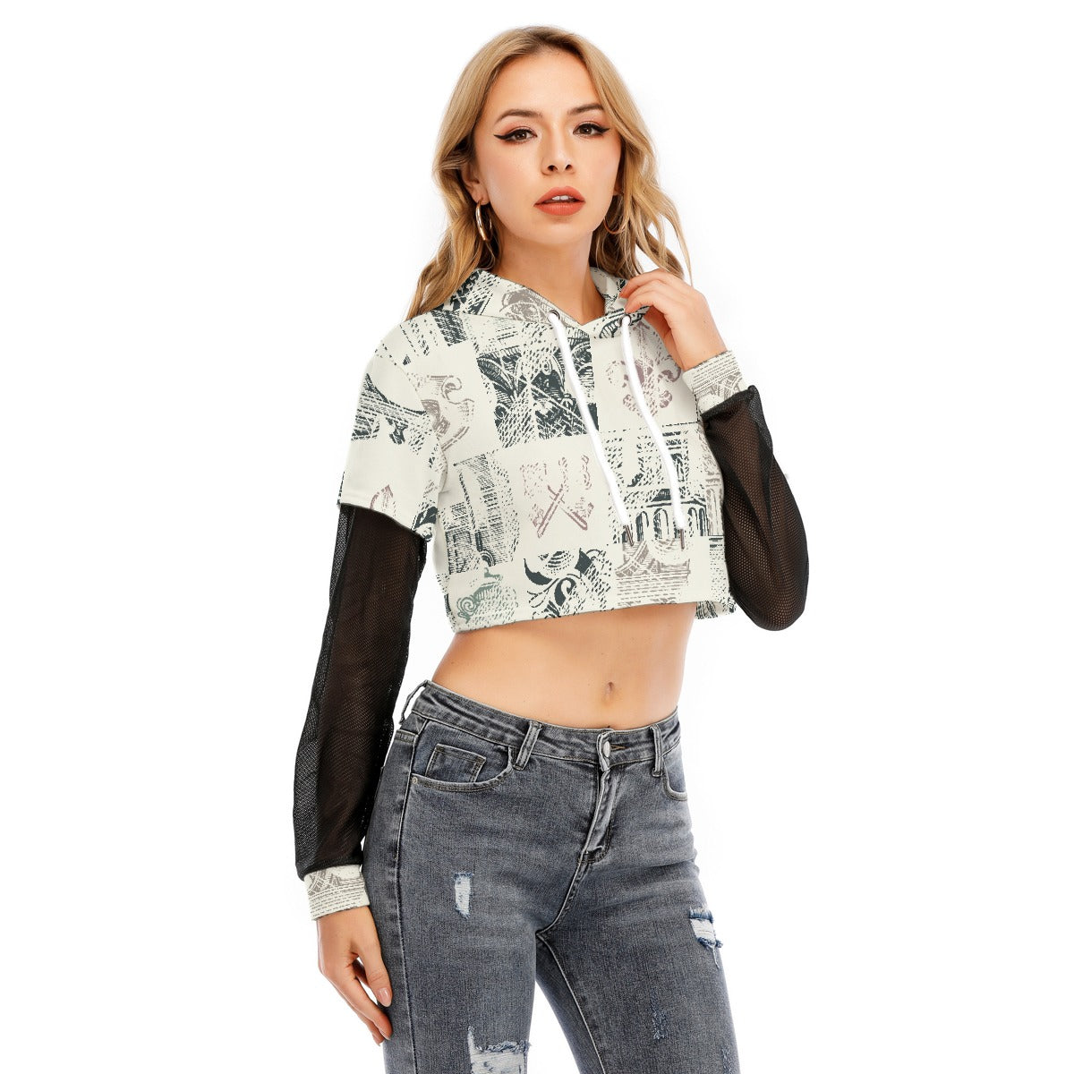 All-Over Print Women's Fake Two-piece Mesh Sleeve Cropped Hoodie