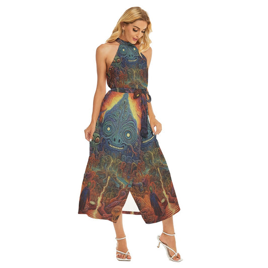 All-Over Print Women's Wrap Hem Belted Halter Dress