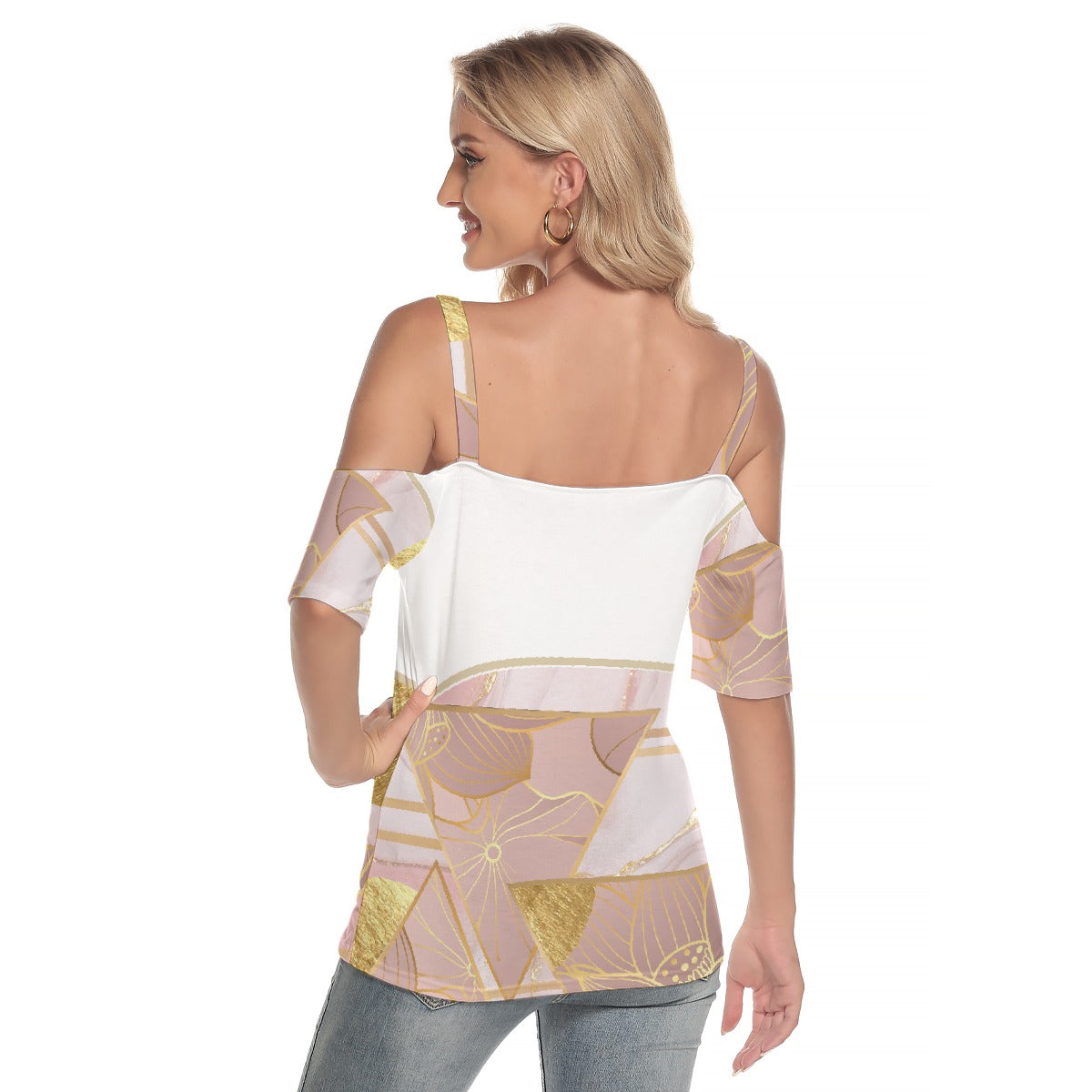 All-Over Print Women's Cold Shoulder T-shirt With Criss Cross Strips