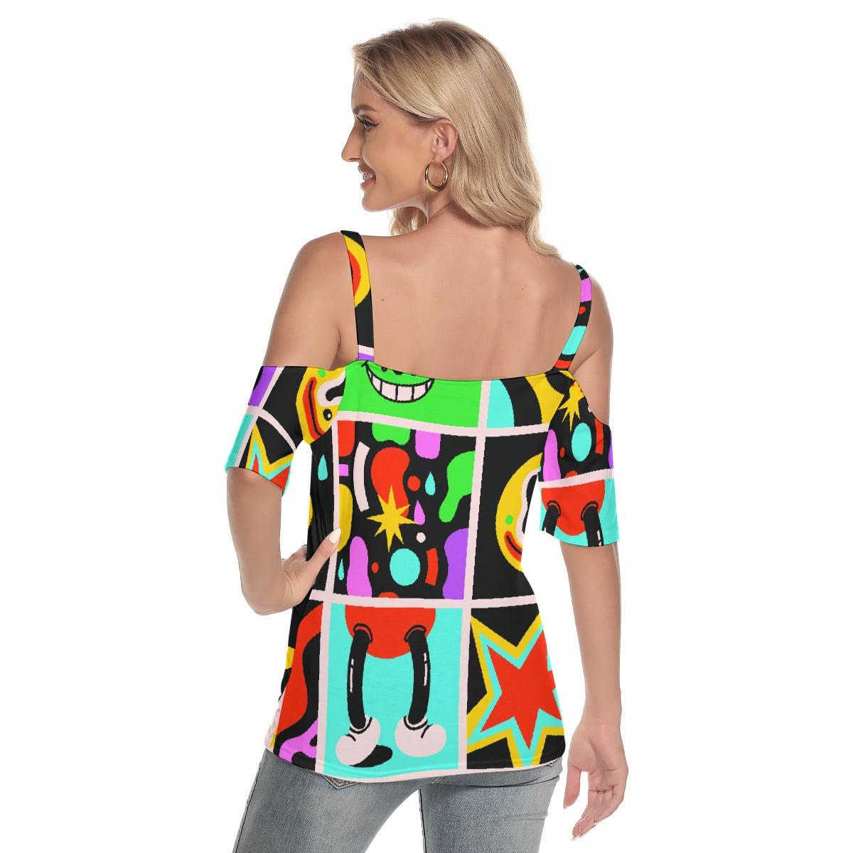 All-Over Print Women's Cold Shoulder T-shirt With Criss Cross Strips