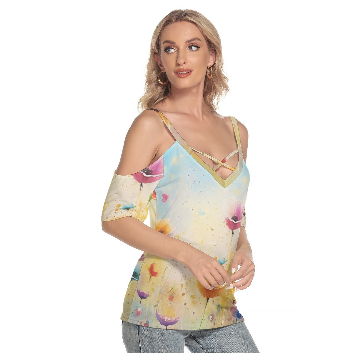 All-Over Print Women's Cold Shoulder T-shirt With Criss Cross Strips