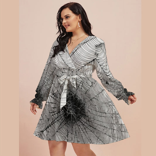 All-Over Print Women's V-neck Dress With Waistband(Plus Size)