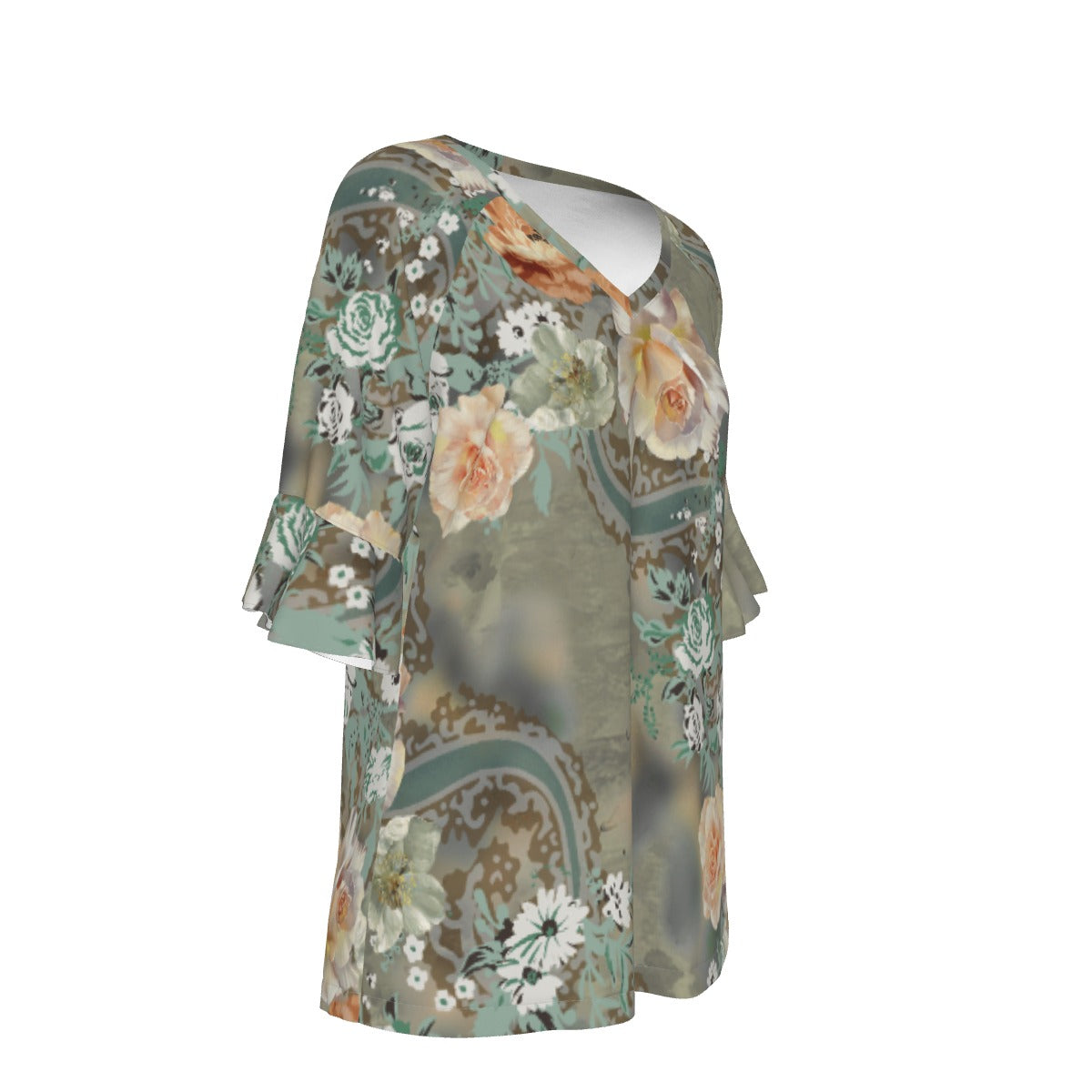 All-Over Print V-neck Women's T-shirt With Bell Sleeve