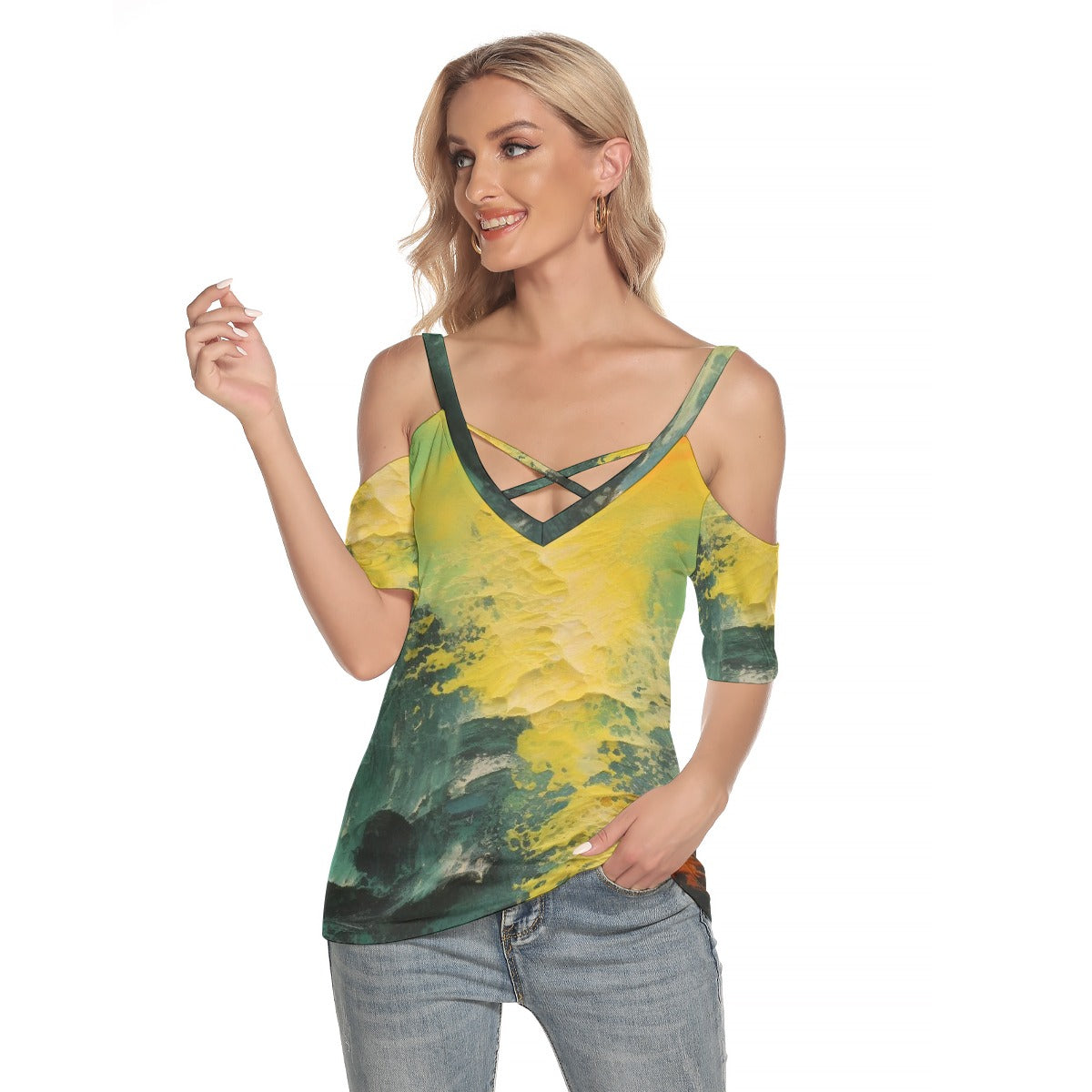 All-Over Print Women's Cold Shoulder T-shirt With Criss Cross Strips