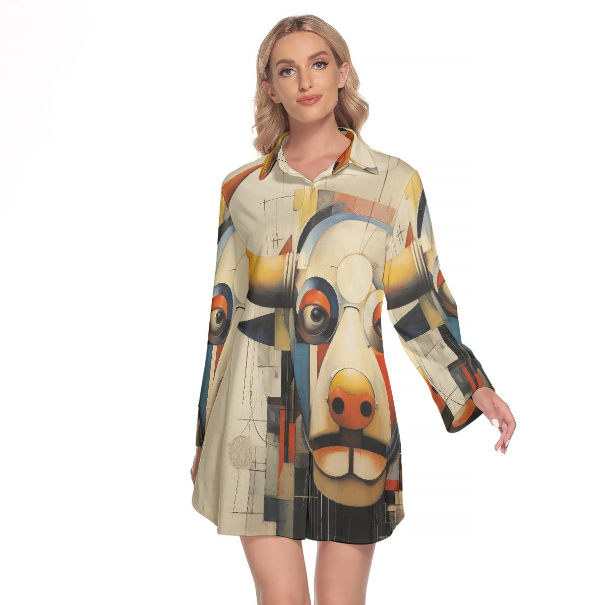 All-Over Print Women's Lapel Shirt Dress With Long Sleeve