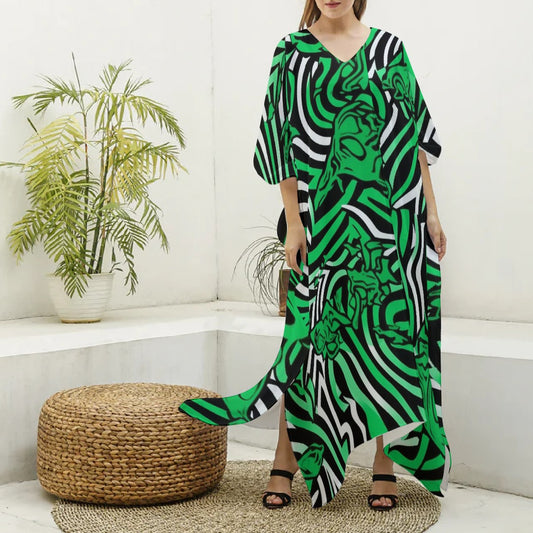 All-Over Print Women's Imitation Silk V-neck Kaftan Robe