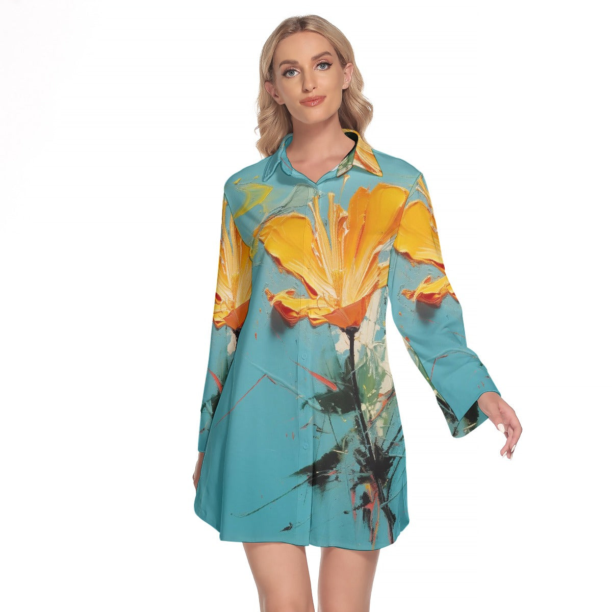 All-Over Print Women's Lapel Shirt Dress With Long Sleeve