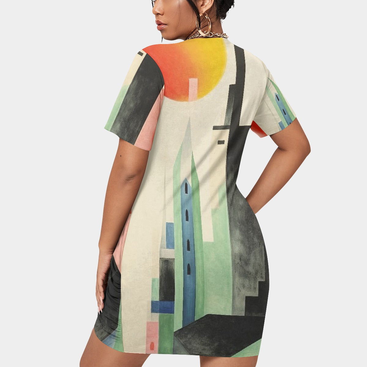 All-Over Print Women’s Stacked Hem Dress With Short Sleeve（Plus Size）