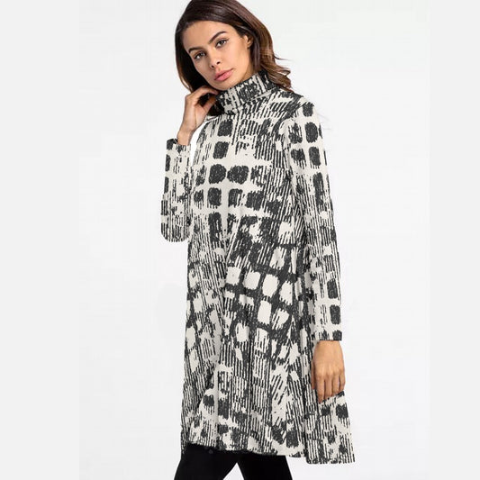 All-Over Print Women's High Neck Dress With Long Sleeve