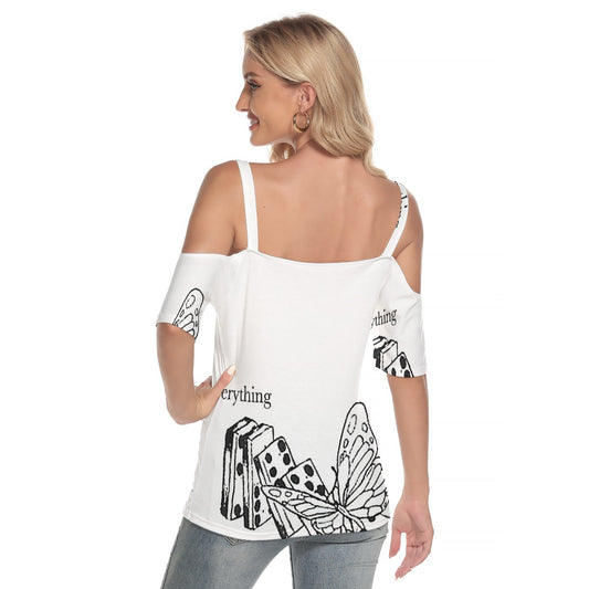 All-Over Print Women's Cold Shoulder T-shirt With Criss Cross Strips