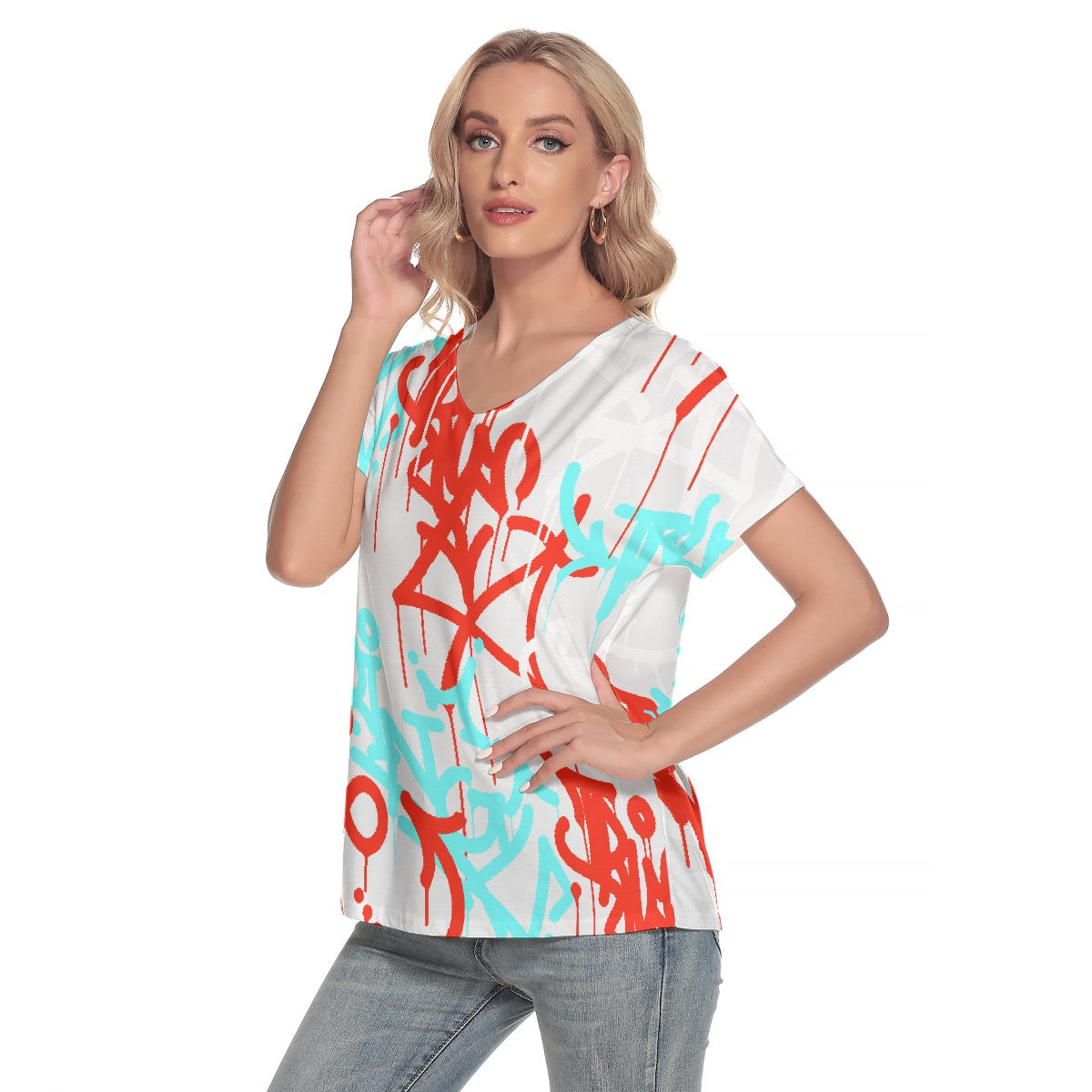 All-Over Print Women's Loose V-neck Short Sleeve T-shirt