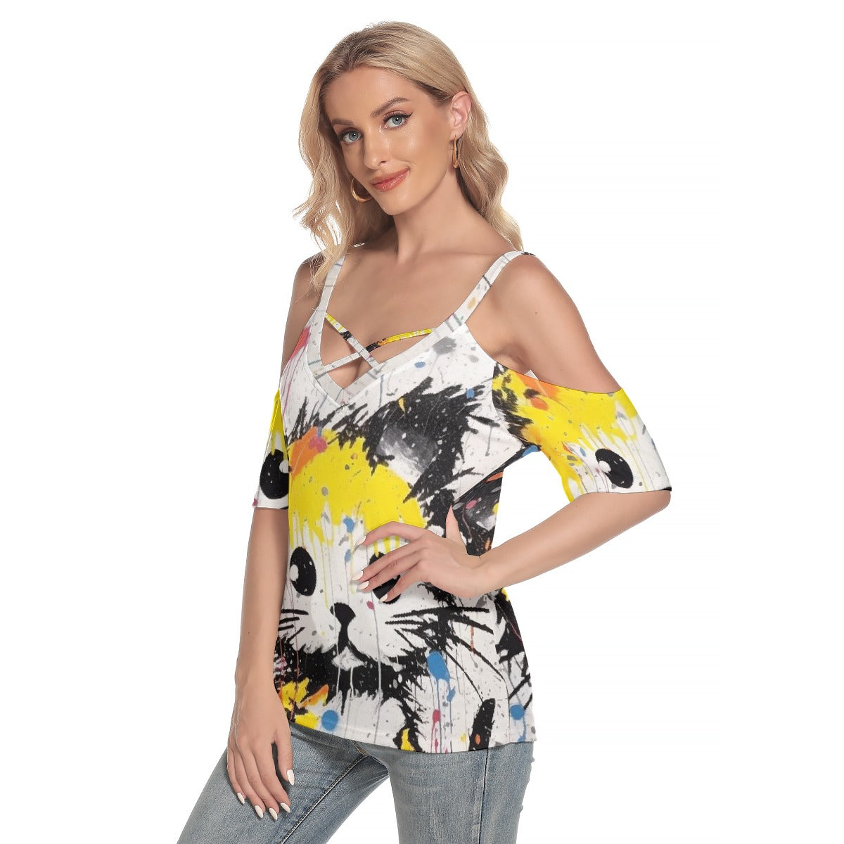 All-Over Print Women's Cold Shoulder T-shirt With Criss Cross Strips