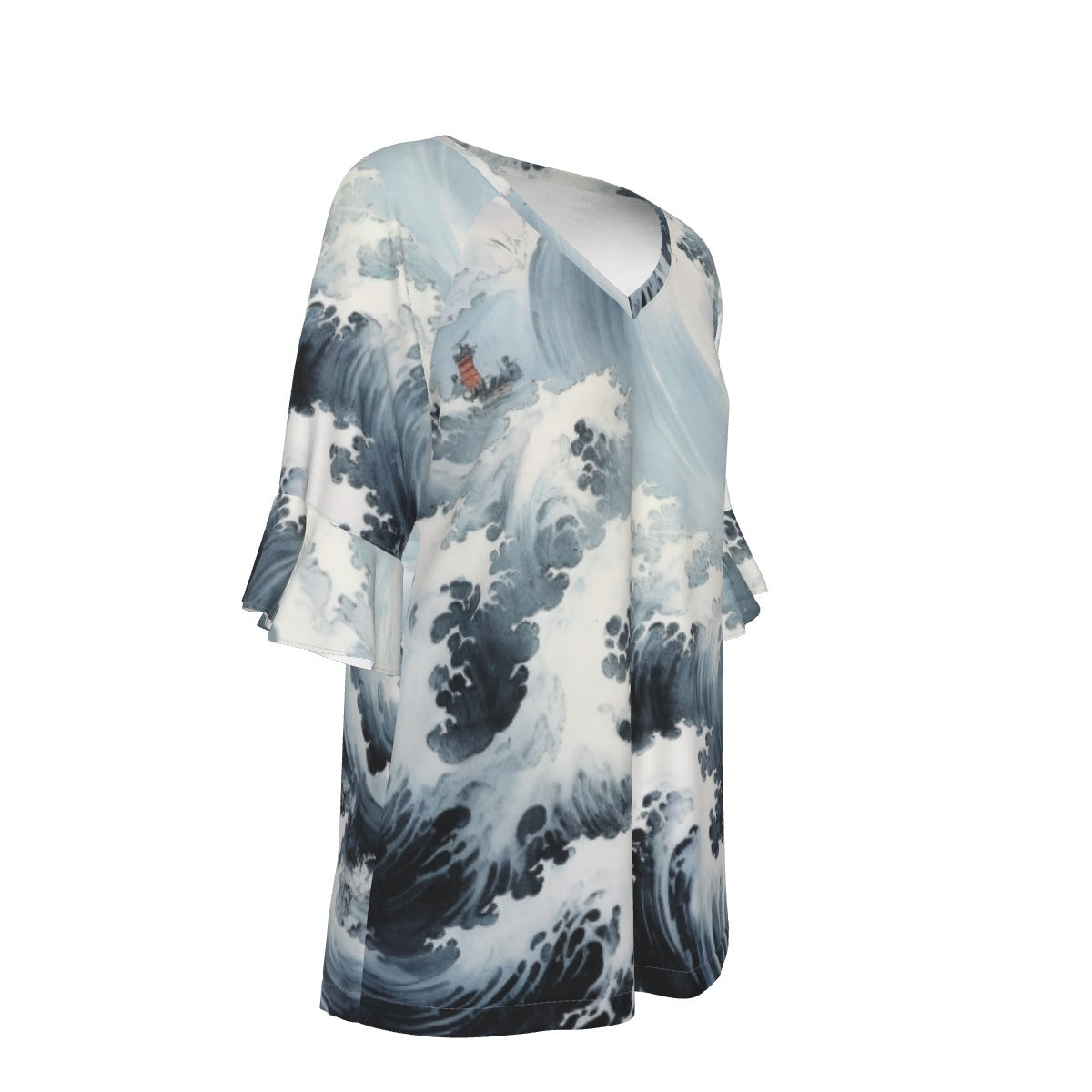 All-Over Print V-neck Women's T-shirt With Bell Sleeve