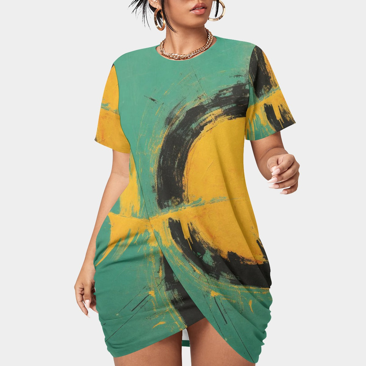 All-Over Print Women’s Stacked Hem Dress With Short Sleeve（Plus Size）