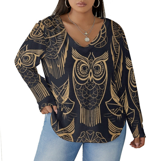 All-Over Print Women's V-neck T-shirt With Curved Hem(Plus Size)