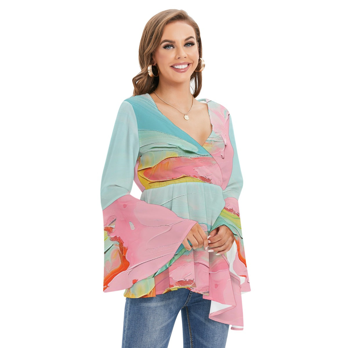 All-Over Print Women's V-neck Blouse With Flared Sleeves