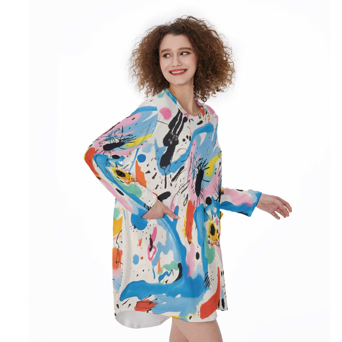 All-Over Print Women's Casual Loose Long Sleeve Dress With Pocket