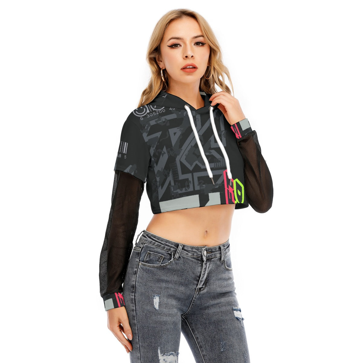 All-Over Print Women's Fake Two-piece Mesh Sleeve Cropped Hoodie