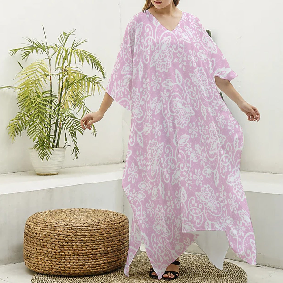 All-Over Print Women's Imitation Silk V-neck Kaftan Robe