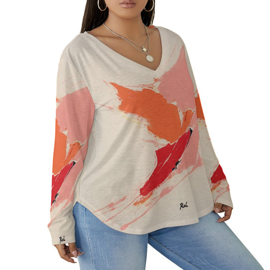 All-Over Print Women's V-neck T-shirt With Curved Hem(Plus Size)