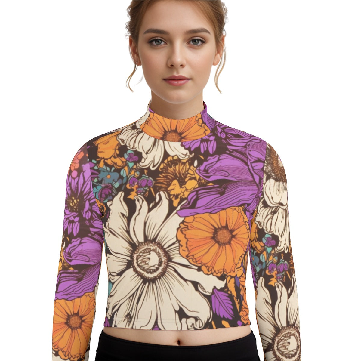 Eco-Friendly All-Over Print Women's Turtleneck T-shirt With Long Sleeve