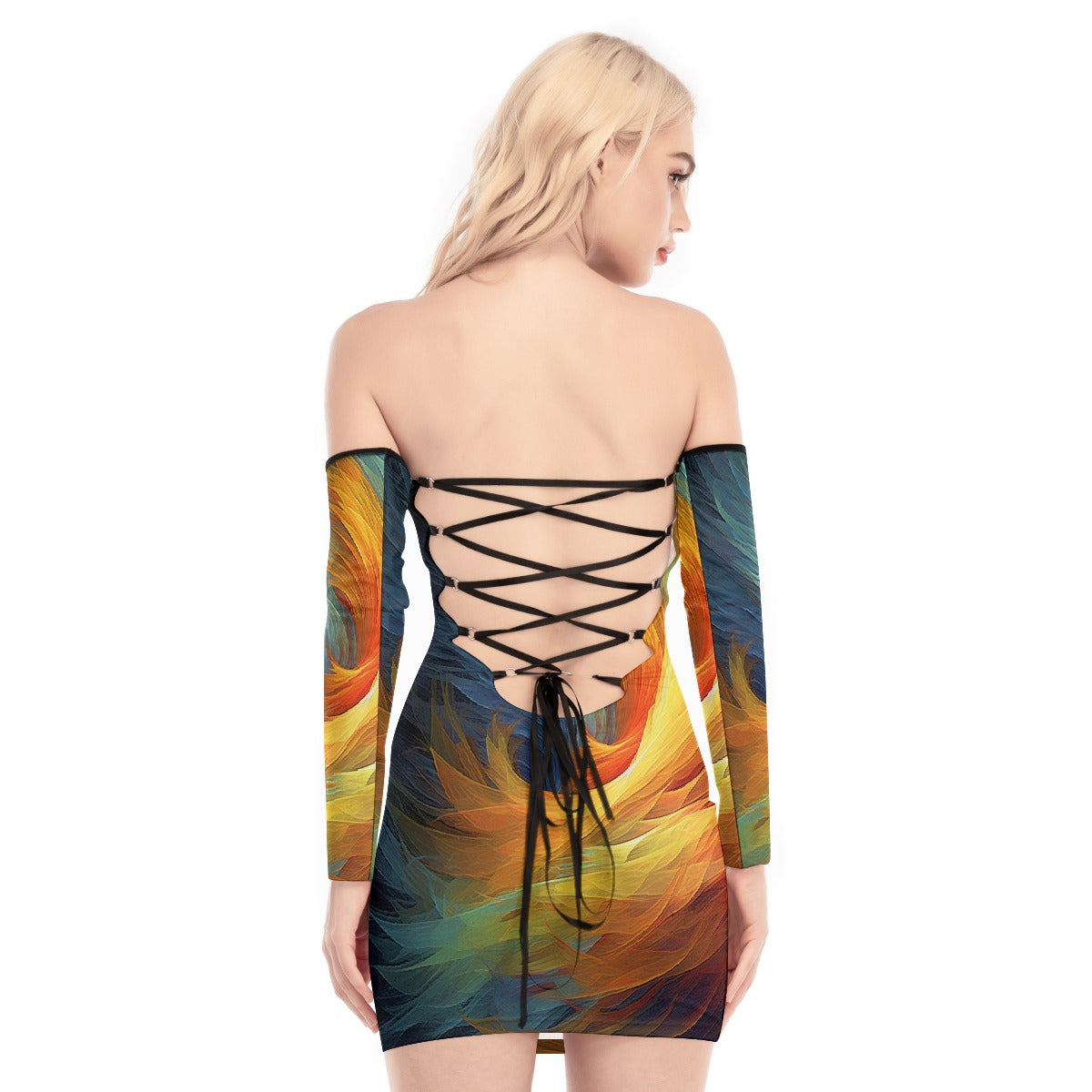 All-Over Print Women's Off-shoulder Back Lace-up Dress