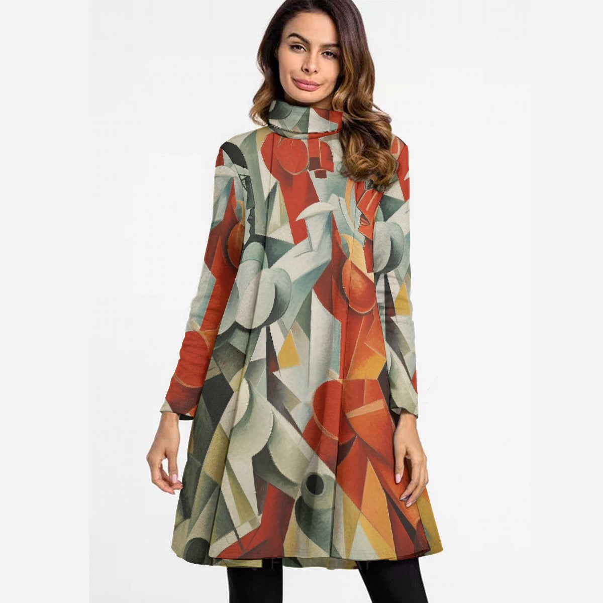 All-Over Print Women's High Neck Dress With Long Sleeve